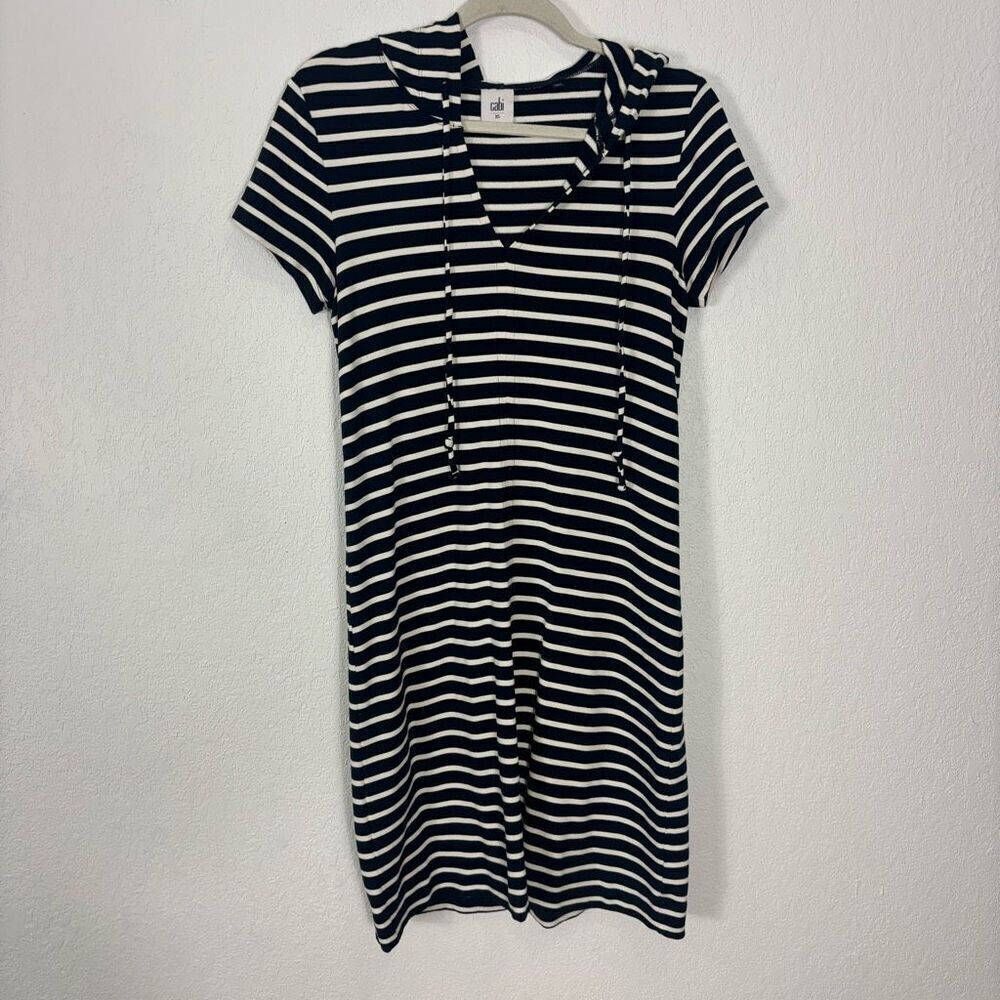 Cabi Blue & White Striped Hooded Short Sleeve‎ Dress Style# 5409 Size XS